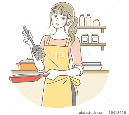 A woman with a troubled face cooking A woman with a troubled face cooking 86418636