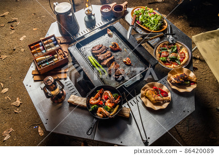 Rib steak grilled pork rib steak at an outdoor 86420089