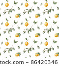 Lemon seamless pattern. Leaves, branches and fruits of lemon. The seamless pattern is suitable for print, fabric, wrapping paper, bar and menu decoration. 86420346