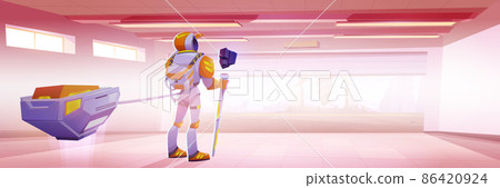 Astronaut in hangar and drilling rig outside Astronaut in hangar and drilling rig outside 86420924