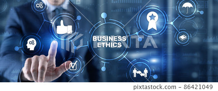 Business ethics Behavior and manners concept. Businessman pressing button on virtual screen Business ethics Behavior and manners concept. Businessman pressing button on virtual screen 86421049
