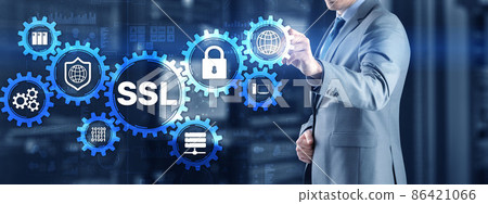SSL Businessman pressing virtual screen Secure Sockets Layer concept. Cryptographic protocols provide secured communications SSL Businessman pressing virtual screen Secure Sockets Layer concept. Cryptographic protocols provide secured communications 86421066