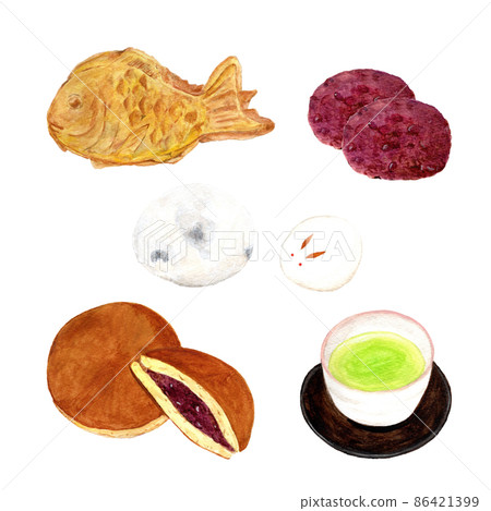 手繪水彩插圖,描繪了一套以紅豆沙和綠茶為餡料的日式點心(萩餅、銅鑼燒、鯛魚燒、大福和兔子麵包)。 手繪水彩插圖,描繪了一套以紅豆沙和綠茶為餡料的日式點心(萩餅、銅鑼燒、鯛魚燒、大福和兔子麵包)。 86421399