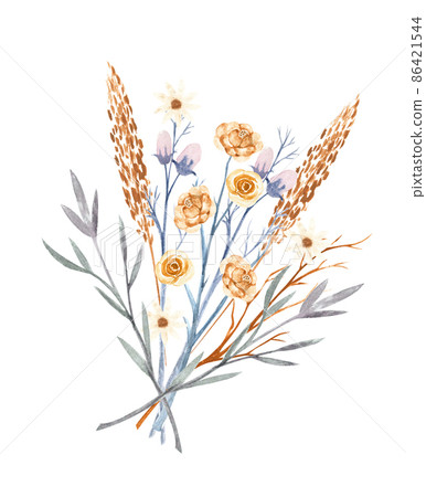 Watercolor bouquet with wildflowers. Winter Wedding Bouquet Watercolor bouquet with wildflowers. Winter Wedding Bouquet 86421544