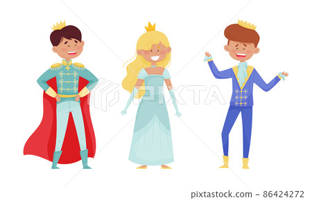 Happy little prince and princess set. Adorable happy kids dressed carnival costumes cartoon vector illustration 86424272