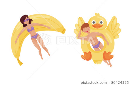 People floating on air mattresses in swimming pool set. Top view of woman and man relaxing and sunbathing on inflatable banana and chicken cartoon vector illustration 86424335