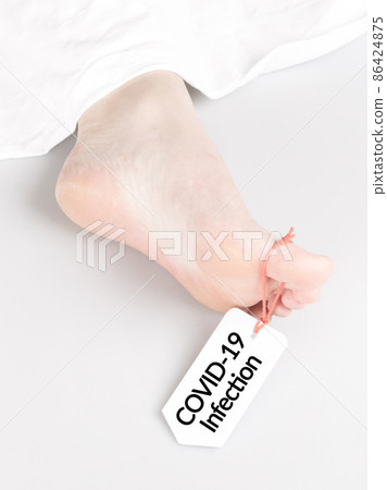 Body with toe tag on white 86424875