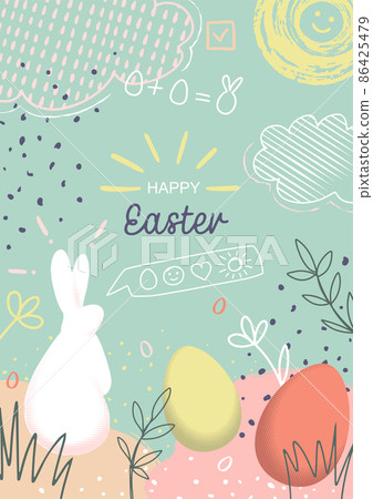Happy Easter hand drawn Cover with eggs and rabbit - Stock Illustration ...