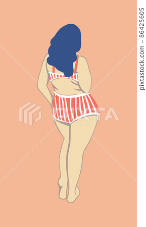 Happy plus size girl. Back view. Body positive concept. Attractive overweight woman. Happy plus size girl. Back view. Body positive concept. Attractive overweight woman. 86425605