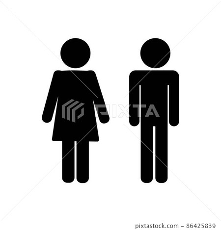 Icon toilet. Restroom sign. Male and female bathroom sign. Black abstract symbols of man and women in flat style isolated on white background. Vector illustration. Icon toilet. Restroom sign. Male and female bathroom sign. Black abstract symbols of man and women in flat style isolated on white background. Vector illustration. 86425839