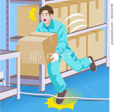 Hiyari hat, male worker, fall accident, fall accident, color that gets caught in the code that carries luggage 86426299