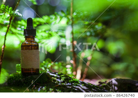 Herbal oil on moss, green bokeh background. bottle MOCK-UP Alternative Medicine. Empty label 86426740