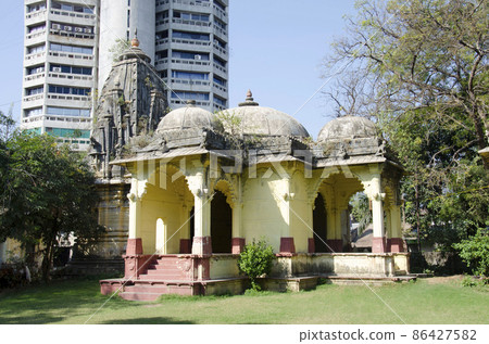 Small temple in the Kirti Mandir complex, also known as Temple of Fame, is the cenotaph of the Gaekwads. Vadodara, Gujarat, India 86427582