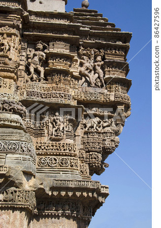 Carved Hira Bhagol, the Eastern gate named after it's architect; Hiradhar, located in Dabhoi, Gujarat, India 86427596