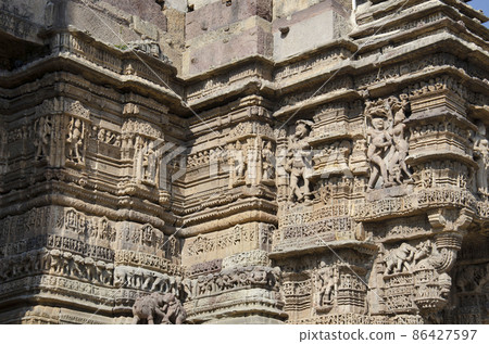 Carved Hira Bhagol, the Eastern gate named after it's architect; Hiradhar, located in Dabhoi, Gujarat, India 86427597