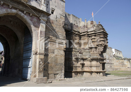 Carved Hira Bhagol, the Eastern gate named after it's architect; Hiradhar, located in Dabhoi, Gujarat, India 86427598