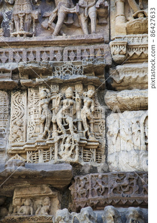 Carved Hira Bhagol, the Eastern gate named after it's architect; Hiradhar, located in Dabhoi, Gujarat, India 86427633