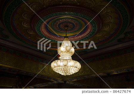 Decorative chandelier inside the temple at Nilkanthdham, Swaminarayan temple, Poicha, Gujarat, India 86427674