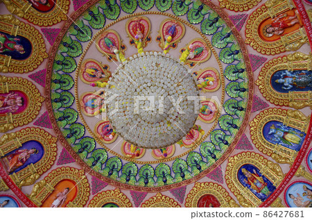 Interior ceiling of Swaminarayan temple with gods, deities and dancing figures carved on the same. Nilkanthdham, Poicha, Gujarat, India 86427681