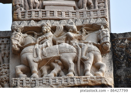 Stupa No 1, West Gateway, Left Pillar. Men on Horses. World Heritage Site, Sanchi, Madhya Pradesh, India Stupa No 1, West Gateway, Left Pillar. Men on Horses. World Heritage Site, Sanchi, Madhya Pradesh, India 86427799