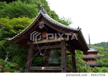 Kyoto: Mimuroto Temple in early summer Bell Tower and Triple Pagoda Kyoto: Mimuroto Temple in early summer Bell Tower and Triple Pagoda 86427936