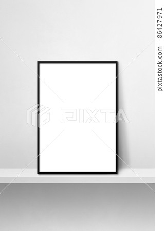 Black picture frame leaning on a white shelf. 3d illustration. Vertical background Black picture frame leaning on a white shelf. 3d illustration. Vertical background 86427971
