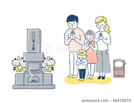 A family of four visiting a grave 86428678