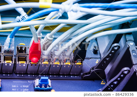 detail of ethernet cables connected to switch ports 86429336