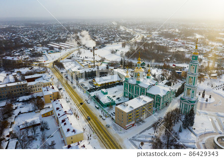 Aerial view of the Spaso-Preobrazhensky Cathedral and residential buildings in Tambov Aerial view of the Spaso-Preobrazhensky Cathedral and residential buildings in Tambov 86429343