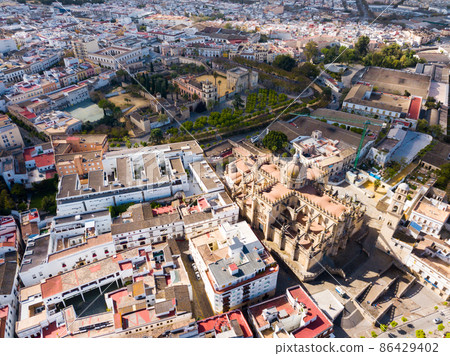 View from drone of Jerez de la Frontera with Cathedral and Moorish alcazar View from drone of Jerez de la Frontera with Cathedral and Moorish alcazar 86429402