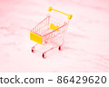 shopping cart. Copy space for text or design. Stainless steel shopping trolley upside down. Minimalist shopping concept. 86429620