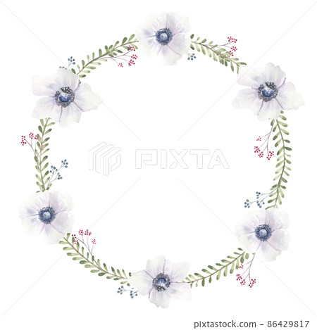 Floral wreath with purple roses and anemones on a white isolated background. Hand-drawn watercolor illustration 86429817