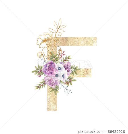 Golden letter F of the English alphabet with a bouquet of purple roses and anemones on a white isolated background. Hand-drawn watercolor illustration 86429928