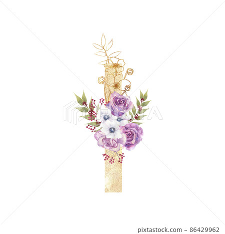 Golden letter I of the English alphabet with a bouquet of purple roses and anemones on a white isolated background. Hand-drawn watercolor illustration Golden letter I of the English alphabet with a bouquet of purple roses and anemones on a white isolated background. Hand-drawn watercolor illustration 86429962