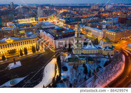 View from drone of main square in Lipetsk on winter evening 86429974