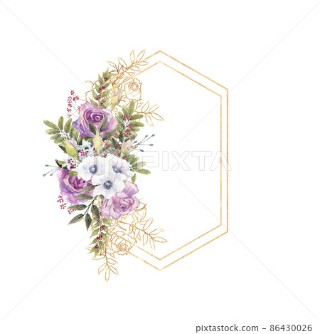 Geometric floral frame with purple roses and anemones in a glass vase on a white isolated background. Hand-drawn watercolor illustration Geometric floral frame with purple roses and anemones in a glass vase on a white isolated background. Hand-drawn watercolor illustration 86430026