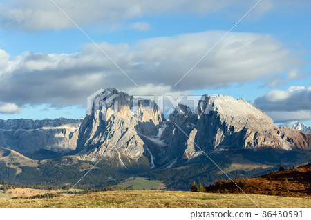 Beautiful detailed view of Sassolungo and Sassopiatto mountains in Seiser Alm (Alpe di Siusi) South Tyrol, Italy. Beautiful detailed view of Sassolungo and Sassopiatto mountains in Seiser Alm (Alpe di Siusi) South Tyrol, Italy. 86430591
