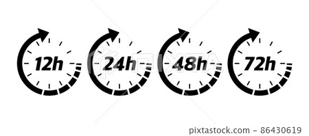12, 24, 48 and 72 hours clock arrow. Vector work time effect or delivery service time icons. Vector illustration 12, 24, 48 and 72 hours clock arrow. Vector work time effect or delivery service time icons. Vector illustration 86430619