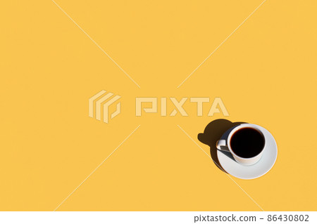 Top view above on white coffee cup with plate and shadow. Yellow terracotta flat lay background with advertisement copy space area, marketing promotion mock up. Tea time at office. High quality photo 86430802