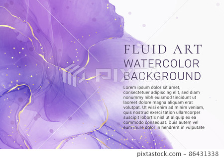 Violet lavender liquid watercolor marble background with golden lines. Pastel purple periwinkle alcohol ink drawing effect. Vector illustration design template for wedding invitation, menu, rsvp Violet lavender liquid watercolor marble background with golden lines. Pastel purple periwinkle alcohol ink drawing effect. Vector illustration design template for wedding invitation, menu, rsvp 86431338