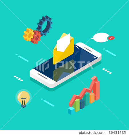 Smartphone with technology elements isometric view Smartphone with technology elements isometric view 86431885