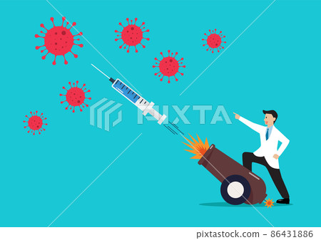 Doctor fighting with coronavirus by syringe shot from explosive cannon Doctor fighting with coronavirus by syringe shot from explosive cannon 86431886