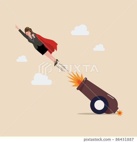 Business woman shot from explosive cannon Business woman shot from explosive cannon 86431887