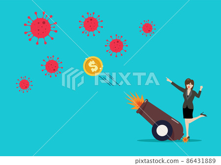 Business woman fighting with coronavirus by money shot from explosive cannon 86431889