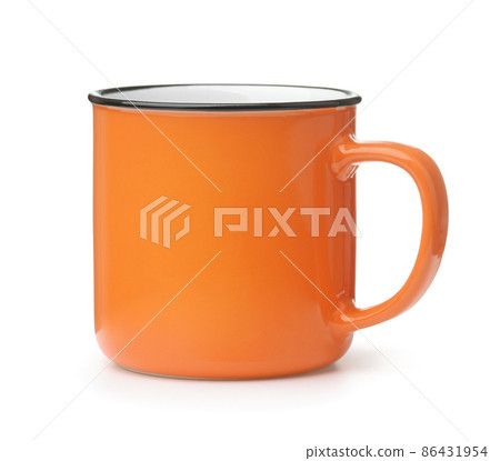 Side view of blank orange coffee mug 86431954