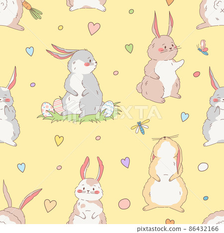 Rabbits seamless pattern. Vector yellow background for baby and child. Easter bunny repeat patterns Rabbits seamless pattern. Vector yellow background for baby and child. Easter bunny repeat patterns 86432166