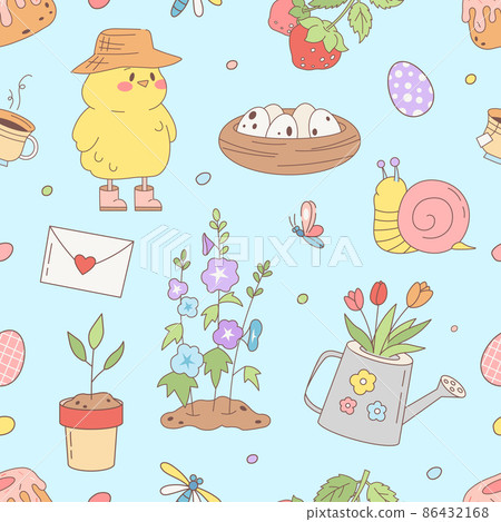 Easter seamless pattern with spring vector elements - chick, straw hat, nest, eggs, snail, butterfly, flowers, seedlings, watering can, easter egg, strawberry. Rustic, carefree childhood happy print. Easter seamless pattern with spring vector elements - chick, straw hat, nest, eggs, snail, butterfly, flowers, seedlings, watering can, easter egg, strawberry. Rustic, carefree childhood happy print. 86432168