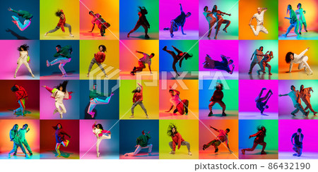 Collage with break dance or hip hop dancers dancing isolated over multicolored background in neon. Youth culture, movement, music, fashion, action. 86432190