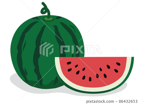 [Vector] Hand-drawn style watermelon illustration. A summery cutout image of a whole watermelon and an 1/8 cut of red fruit lined up on a white background. 86432653
