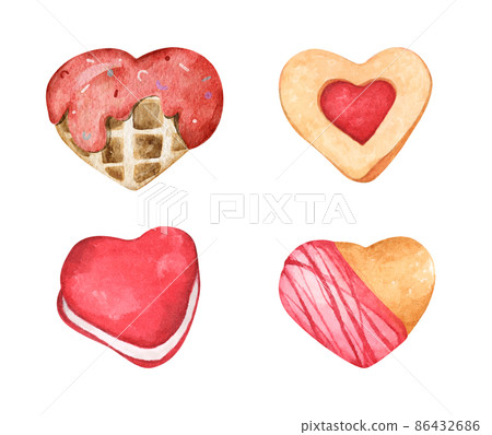 Set of heart shaped desserts. Watercolor illustration. Set of heart shaped desserts. Watercolor illustration. 86432686